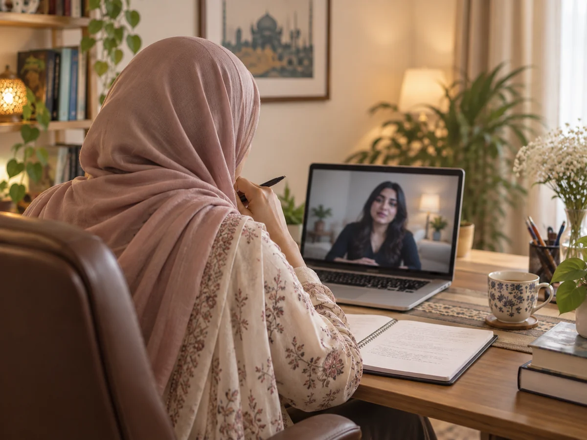 Young hijabi clinical psychologist attending an online psychological session from a private professional workspace.