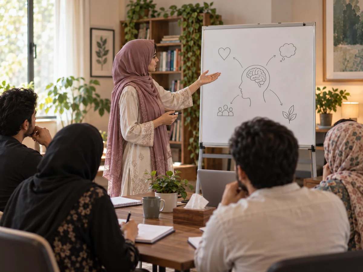 Young hijabi clinical psychologist facilitating a psychoeducation learning session with adult participants.