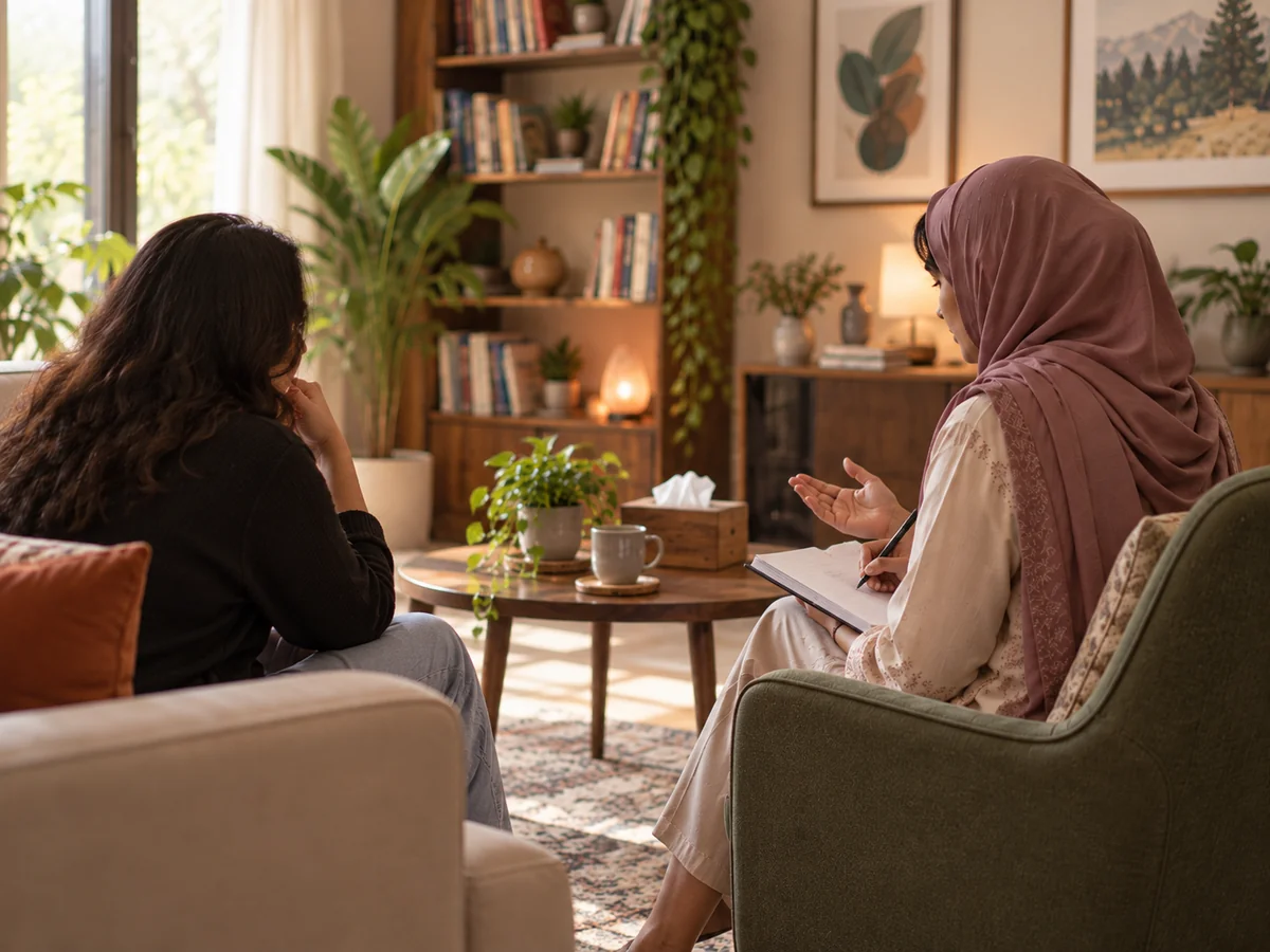Young hijabi clinical psychologist in a side-view individual psychotherapy conversation with an adult client.