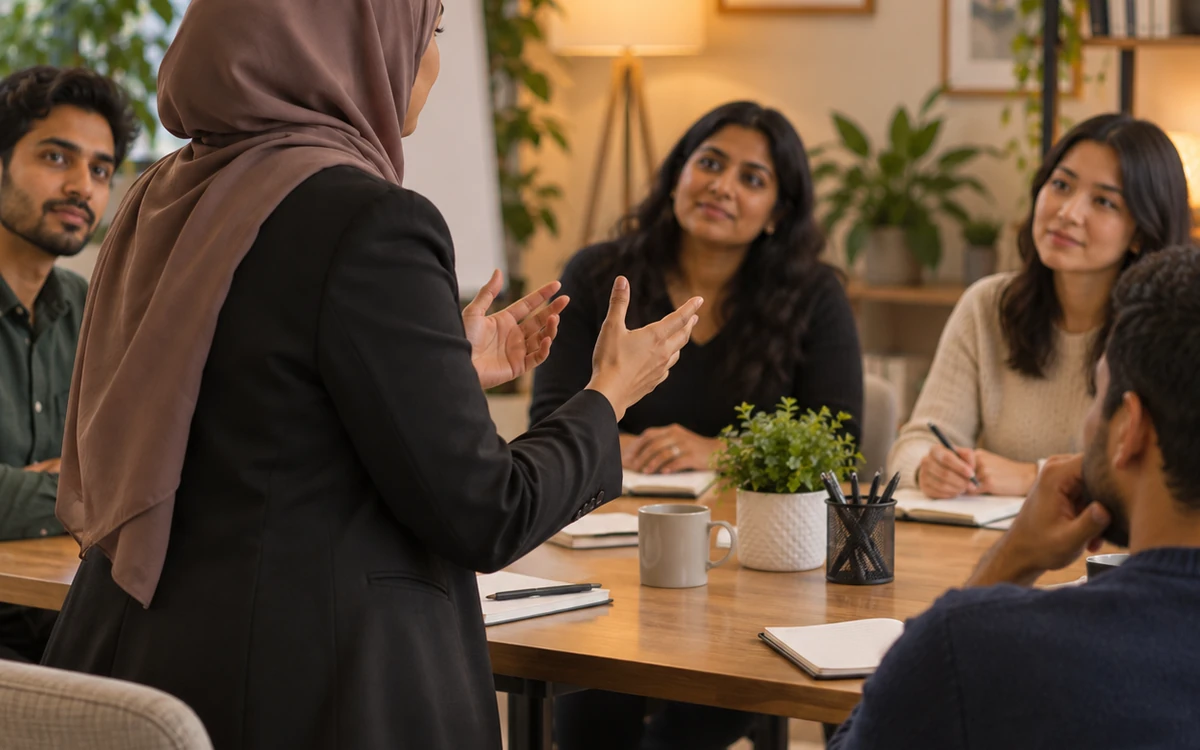 Young hijabi psychology trainer facilitating an interactive communication and assertiveness skills discussion.
