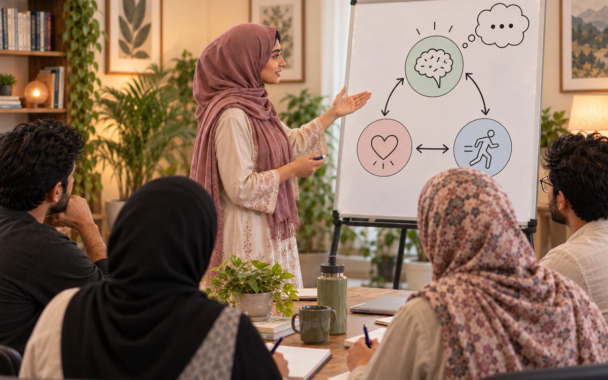 Young hijabi psychology trainer teaching a CBT thought-feeling-behaviour model to adult Pakistani and South Asian learners.