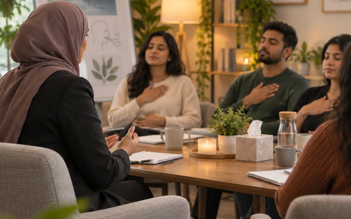 Young hijabi psychology trainer guiding a practical breathing and stress-regulation exercise with adult learners.